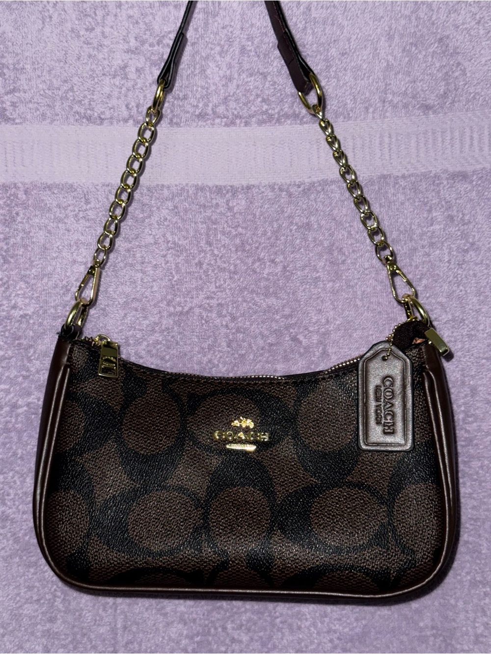 Coach Dark Brown Signature Mini Shoulder Bag with Gold Hardware